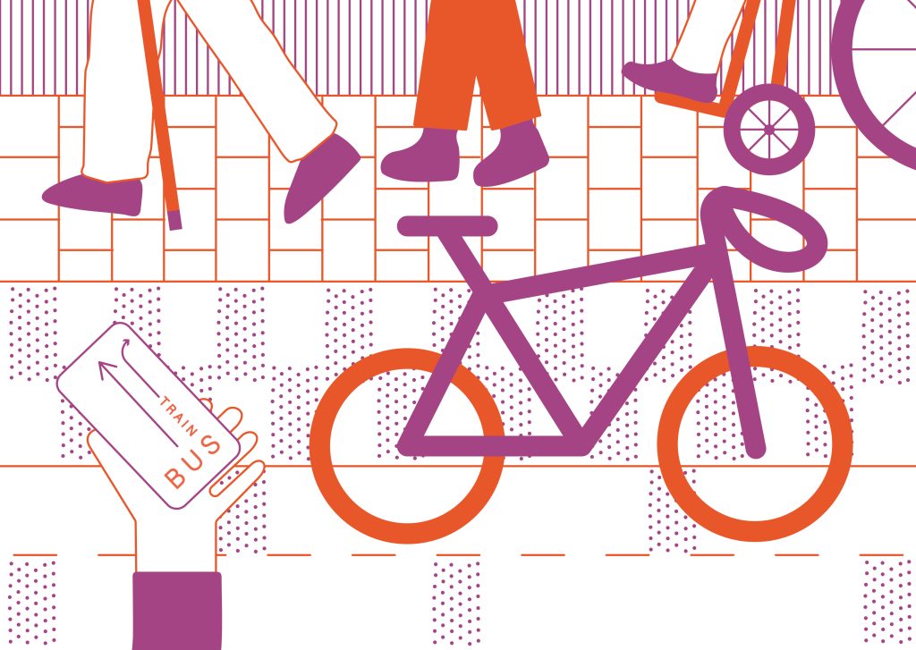 Illustration of connected streets — cyclists, pedestrians, bus routes and tree-lined paths linking homes to services