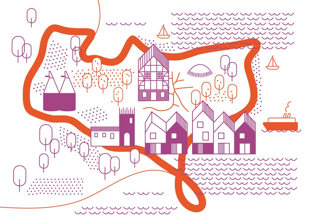 Illustration of Kent's varied landscape — coastline, orchards, oast houses and chalk hills