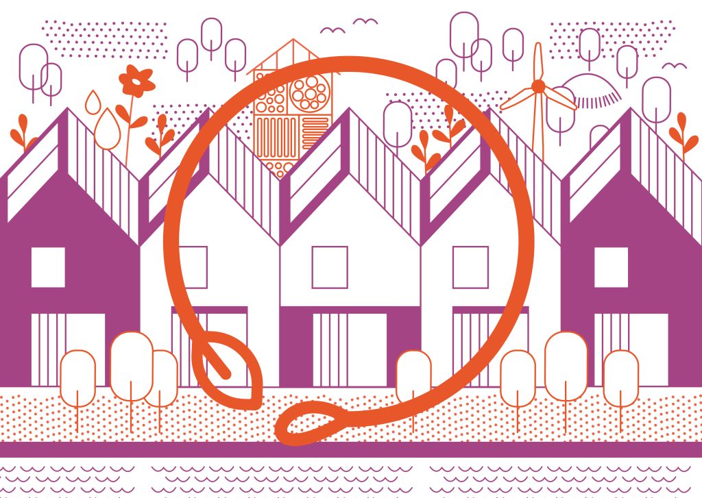 Illustration of a climate-resilient neighbourhood — solar panels, rain gardens, native planting and low-carbon buildings